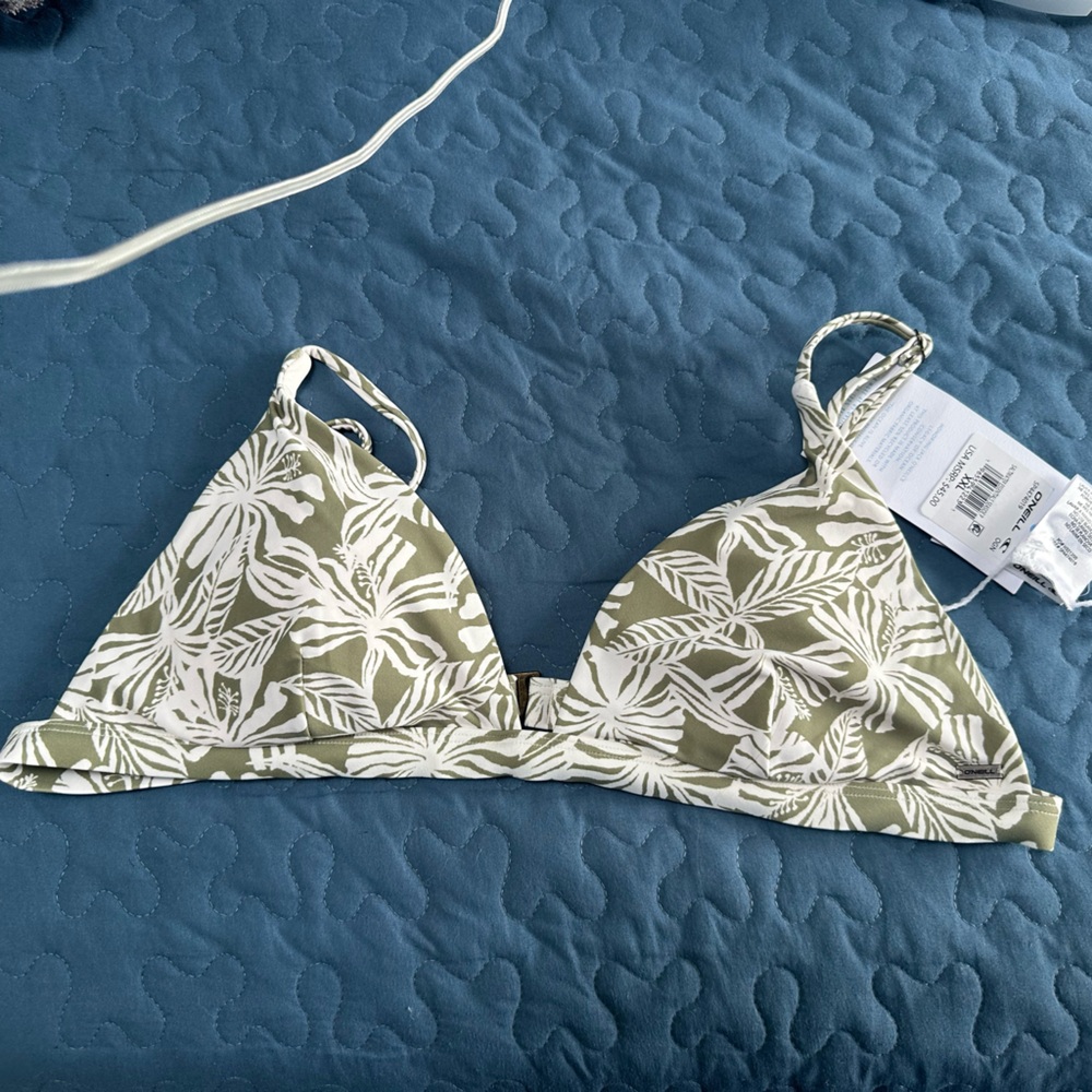 O’Neill Green and White Leaf Print Bikini Top